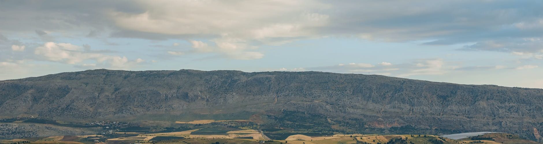 fields and houses at the foot of a mountain range